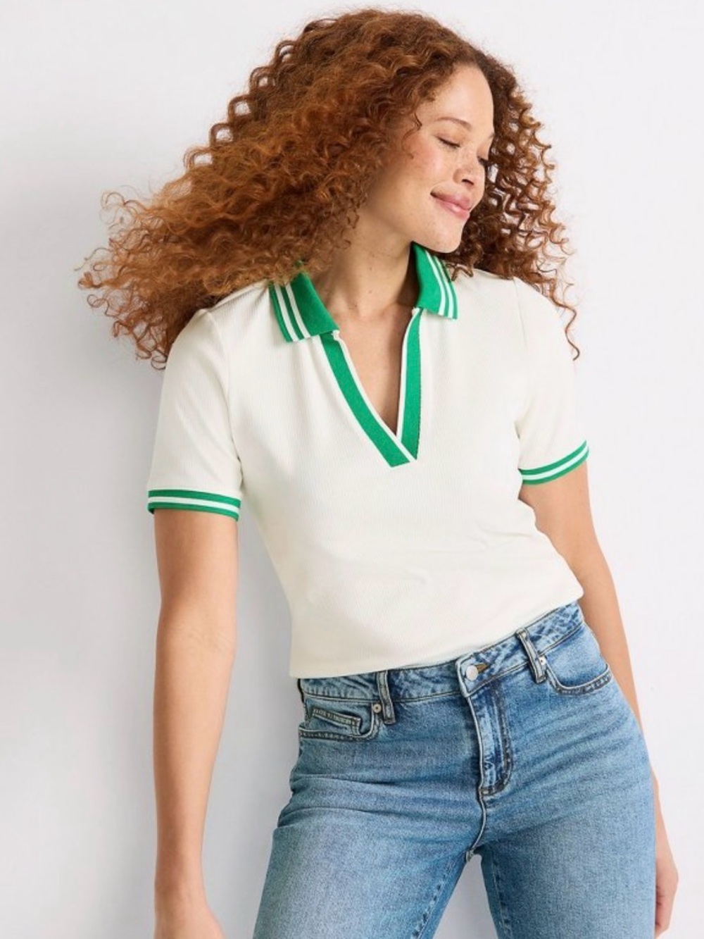 Lands’ End Ribbed Polo Top Women’s Large White Green Trim Preppy Golf Tennis
